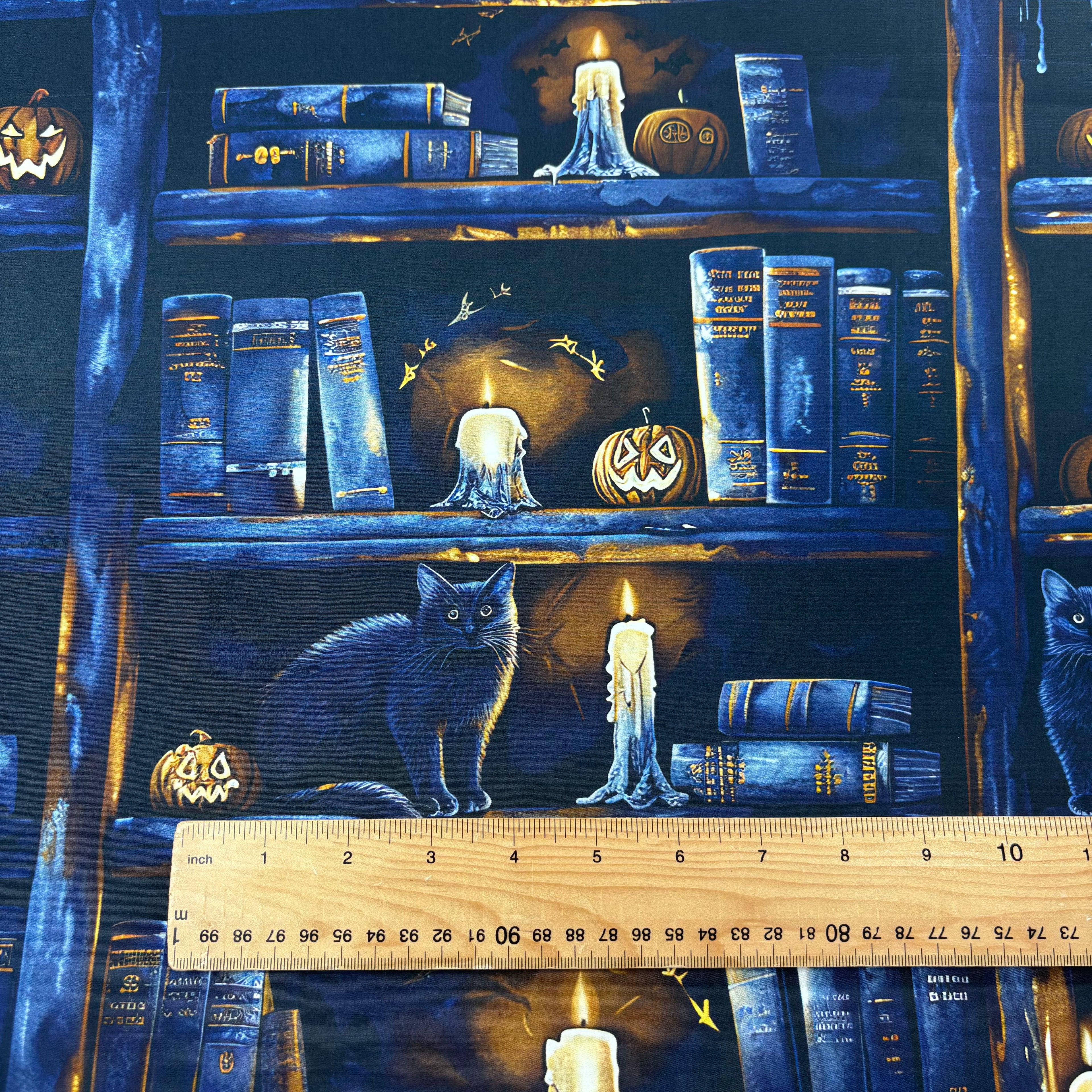 Midnight Gothic Cat Bookshelf Cotton Fabric