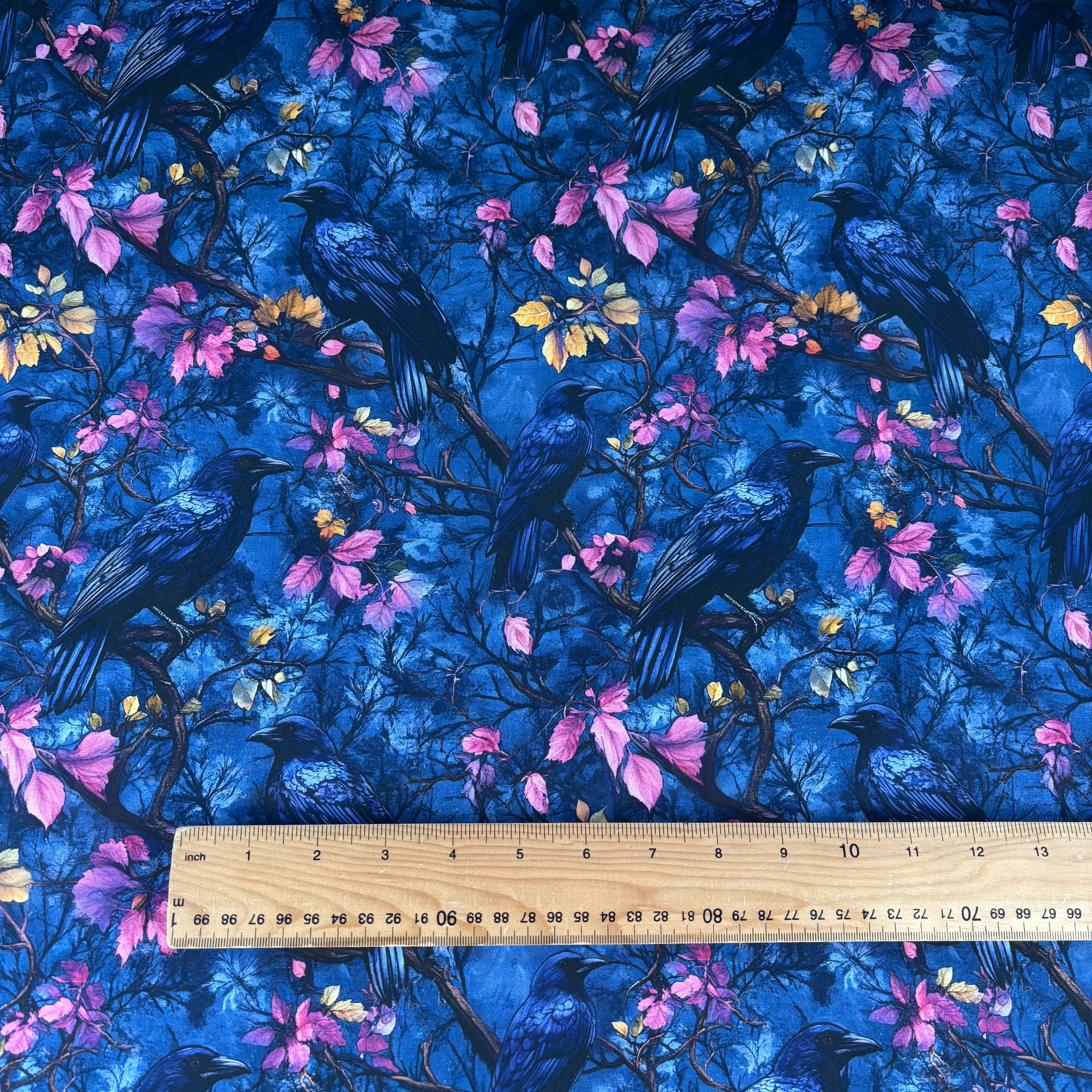 Blue Floral Crow Cotton Fabric