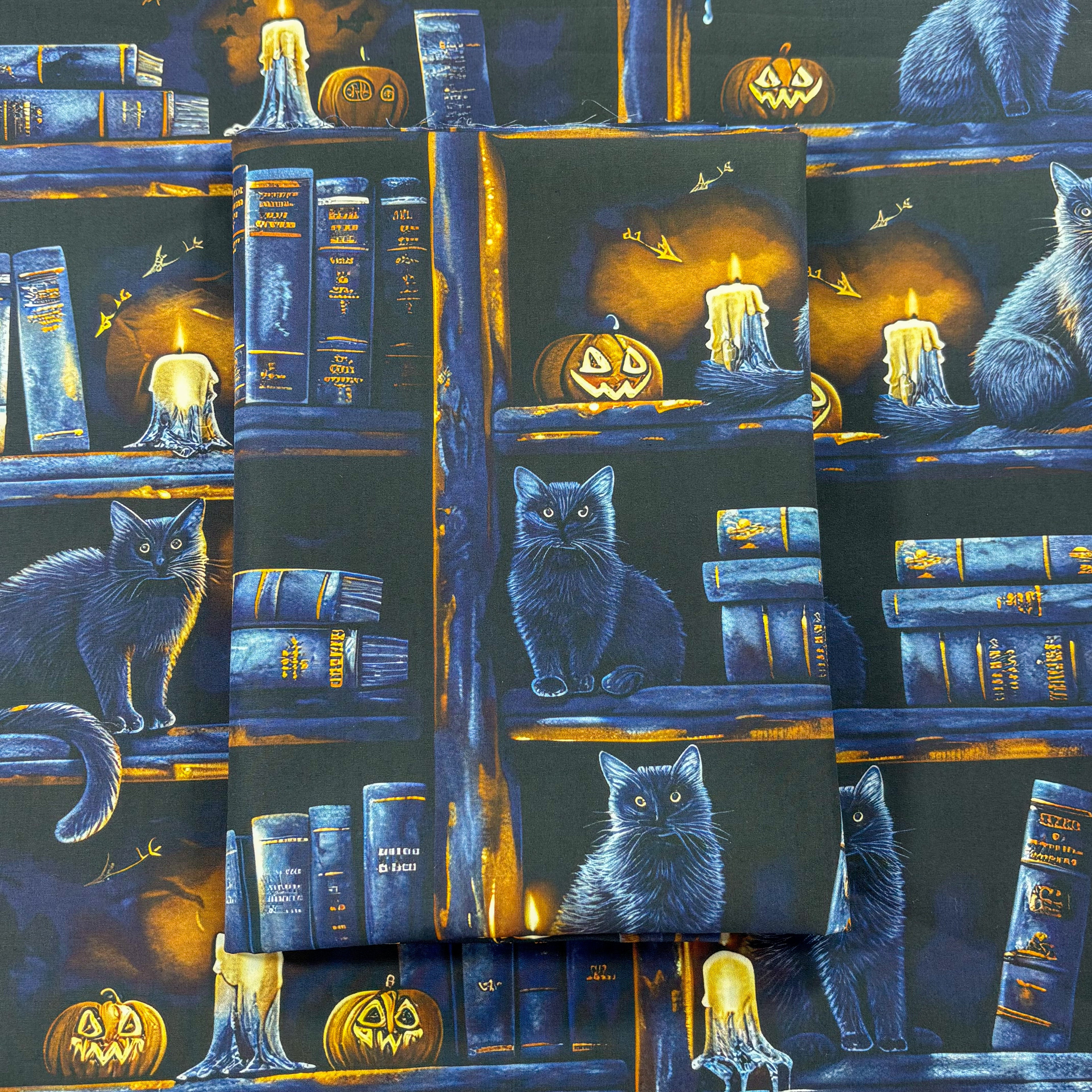 Midnight Gothic Cat Bookshelf Cotton Fabric