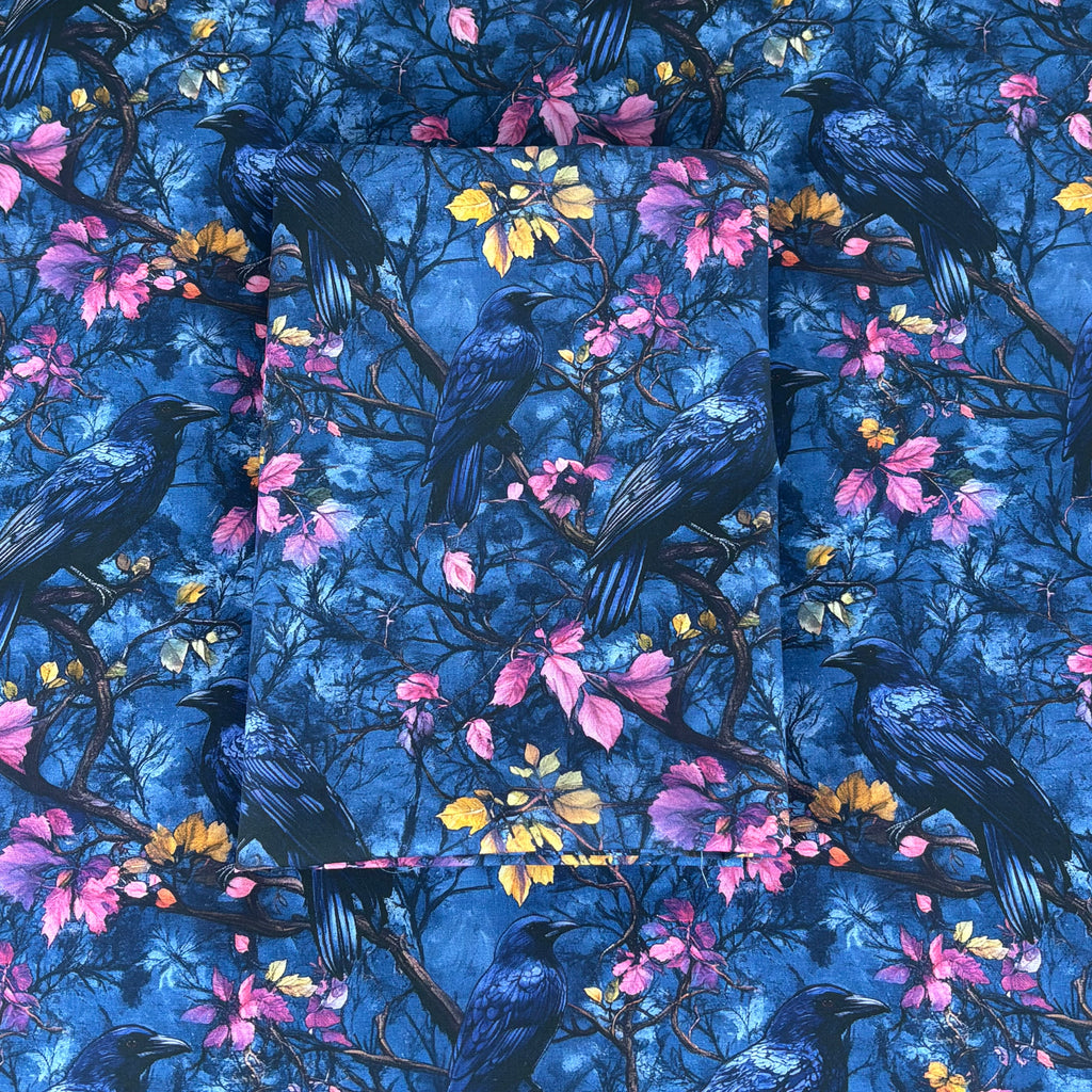 Blue Floral Crow Cotton Fabric