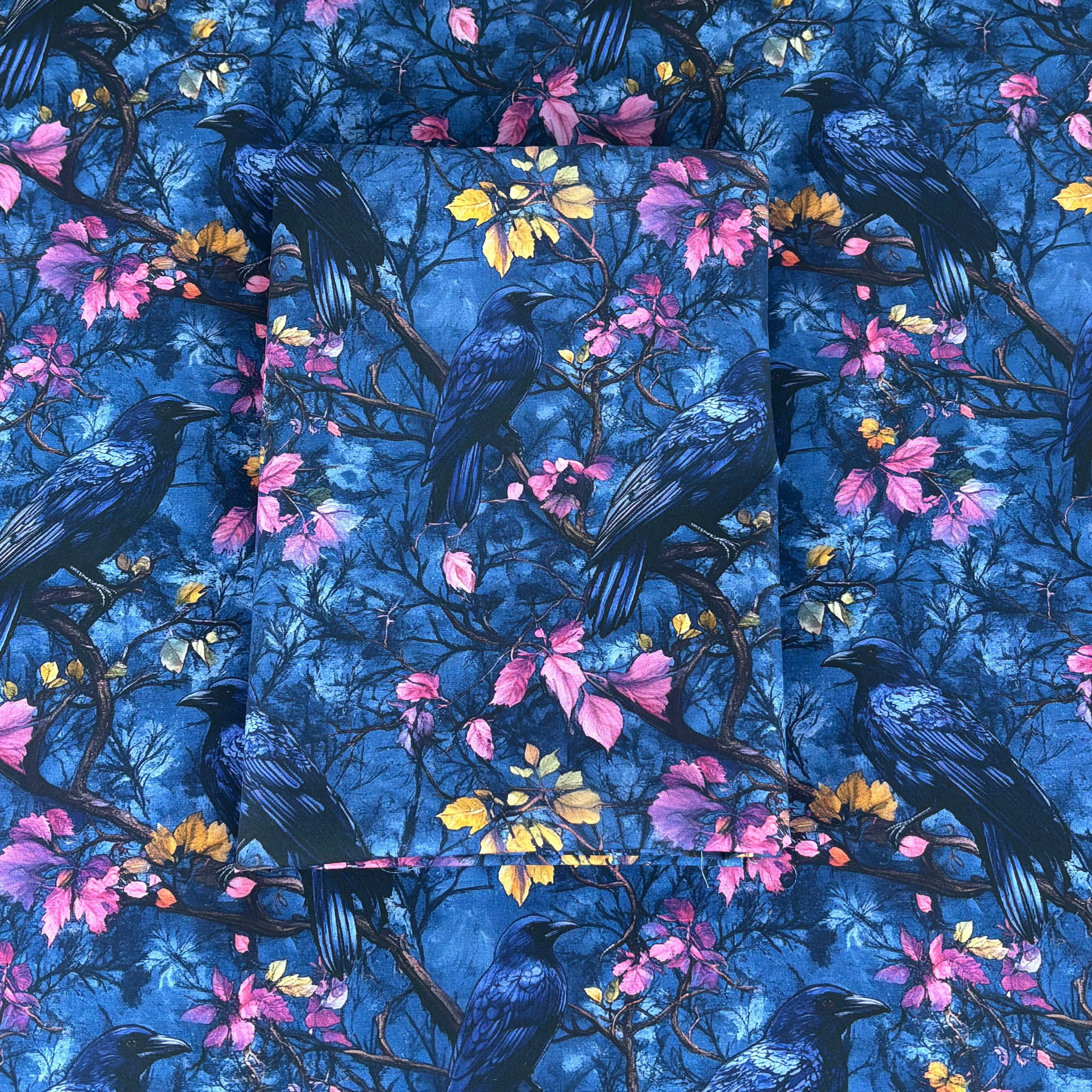Blue Floral Crow Cotton Fabric