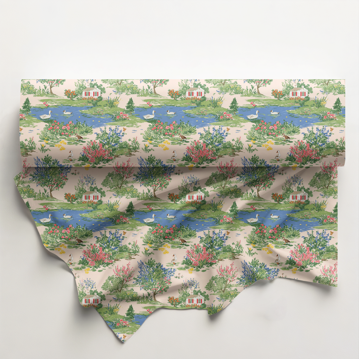 Country Cottage Pond Cotton Fabric