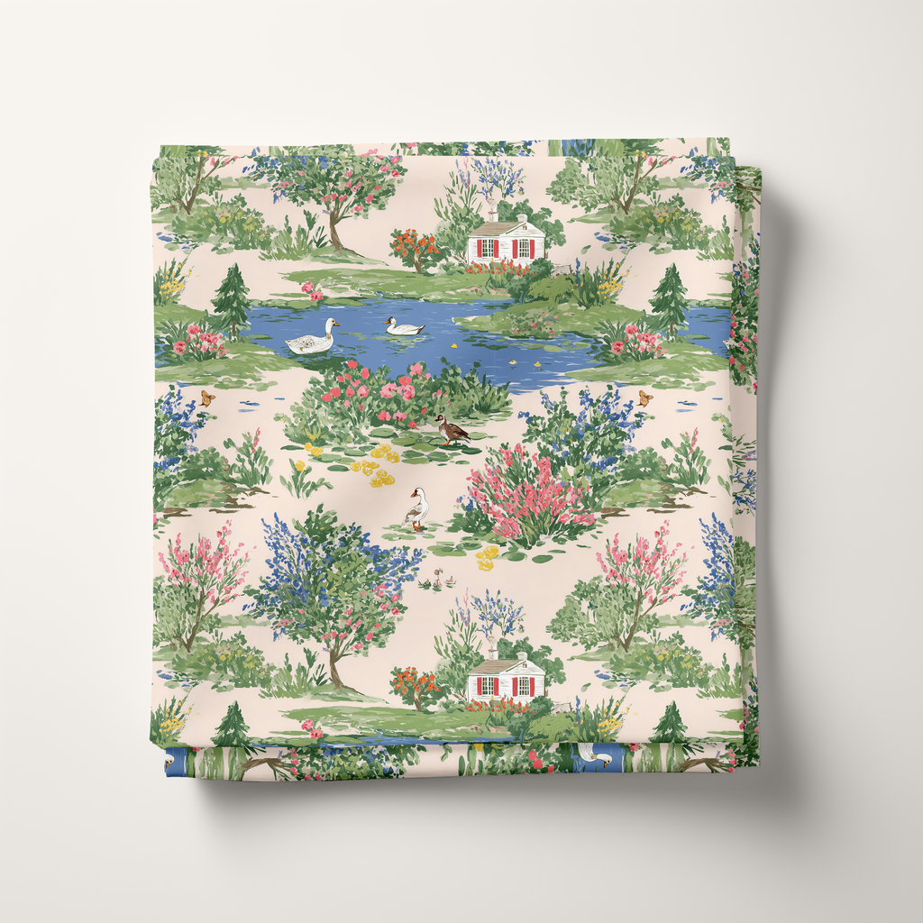 Country Cottage Pond Cotton Fabric