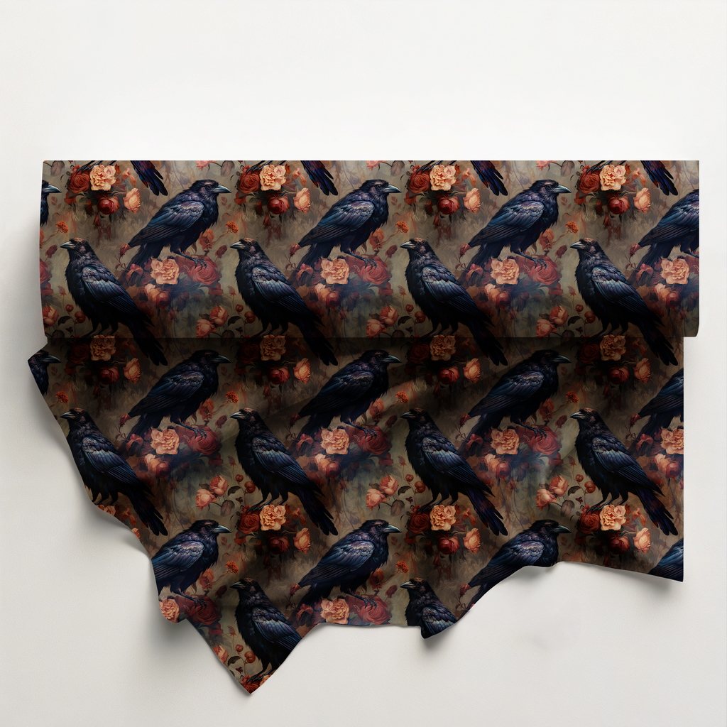 Moody Floral Gothic Crow Cotton Fabric