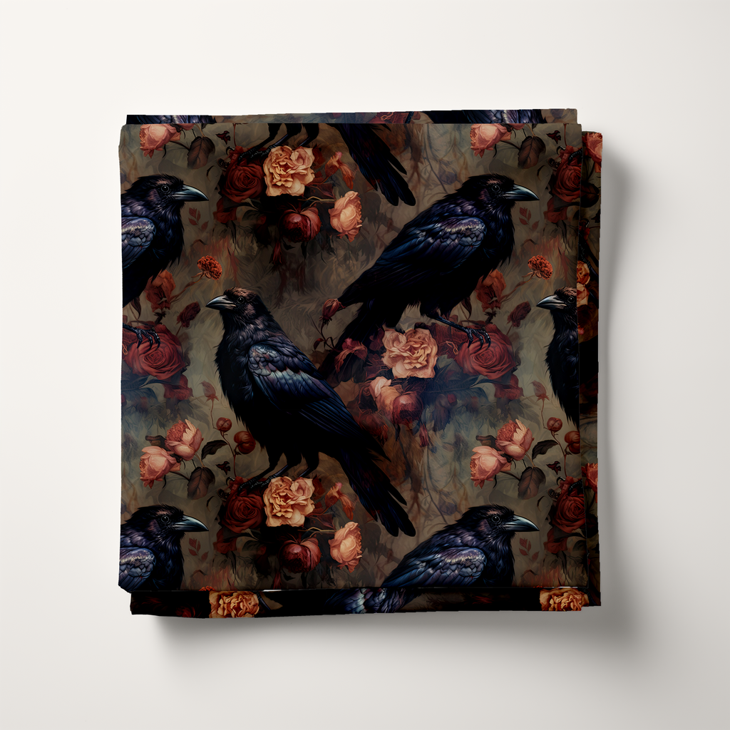 Moody Floral Gothic Crow Cotton Fabric