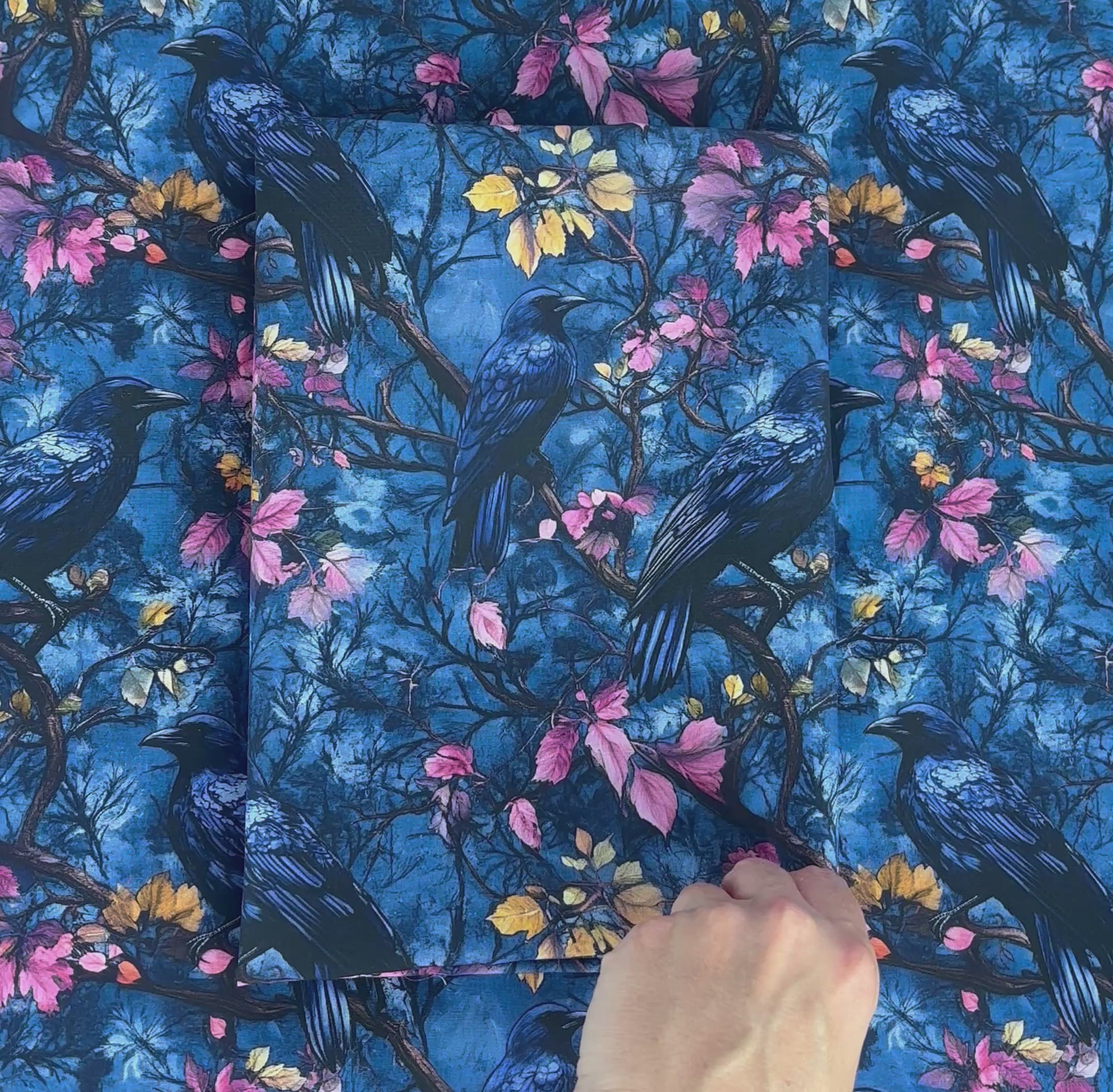 Blue Floral Crow Cotton Fabric